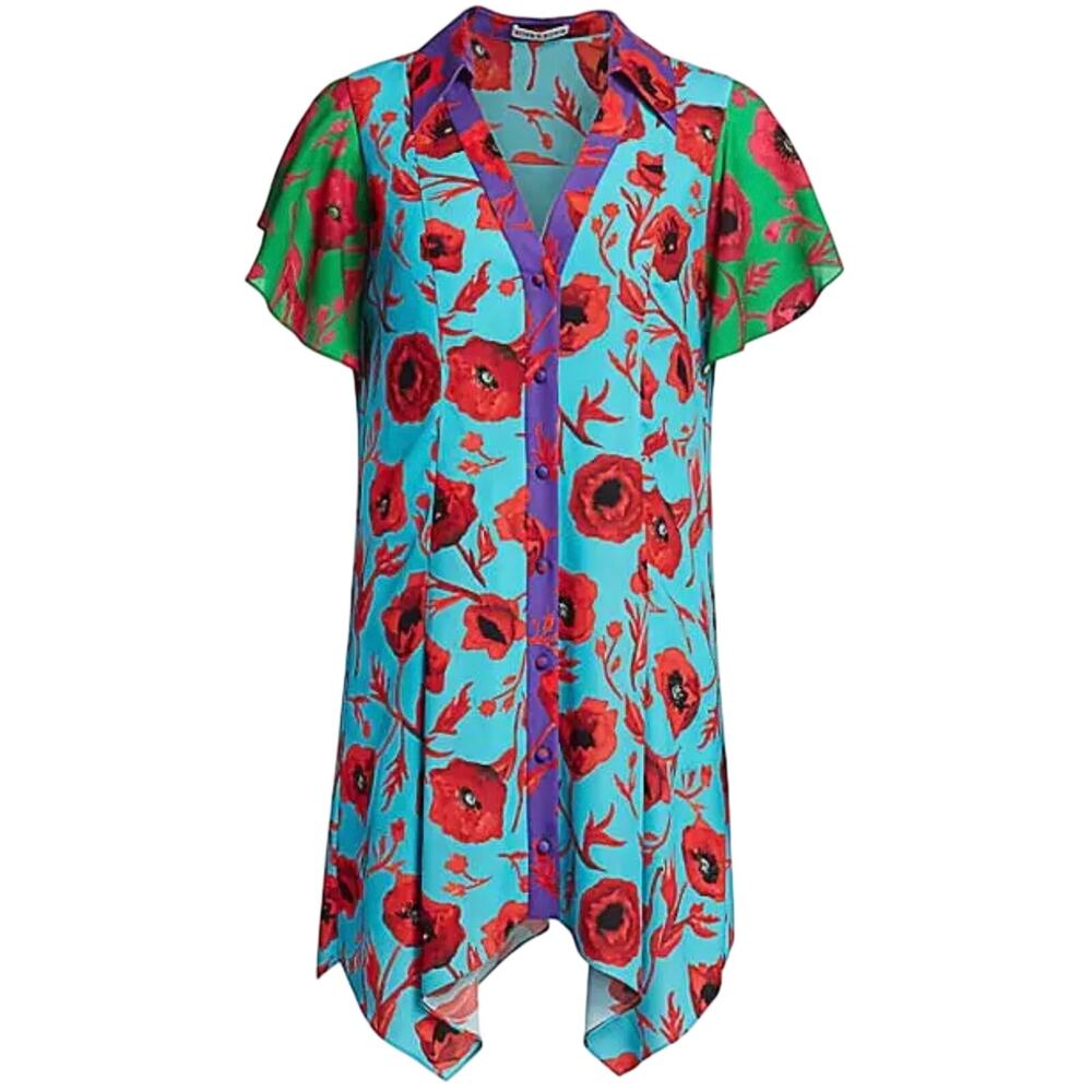 Alice + Olivia Floral Poppy Midi Shirt Dress Button Front Flutter Sleeve Size S